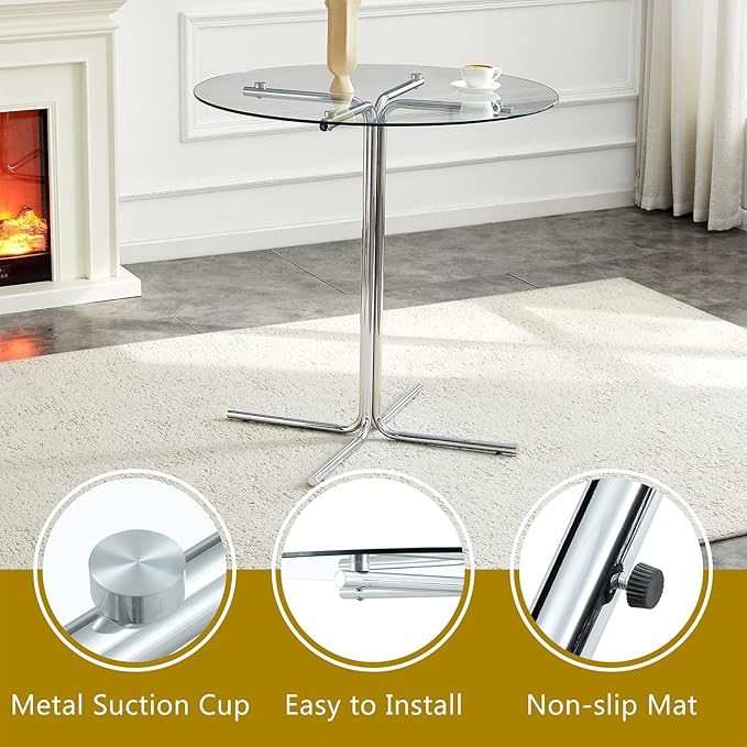 36" Round Counter Height Table, Tempered Glass Top with Silver Metal Base, Modern Pub Table for Kitchen, Bar & Small Spaces