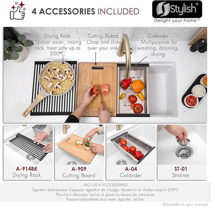 Stylish 28 x 18 Inch Composite Granite Workstation Kitchen Sink, Single Bowl Under Mount & Drop in, 9.5 in Deep, with Bamboo Cutting Board, Roll-Up Drying Rack, Colander & Strainer, White, S-828WH