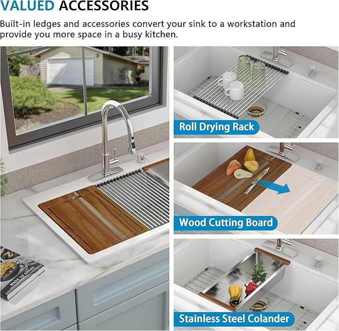 33 Granite Composite Kitchen Sink - Fulorni 33"x22" Granite Kitchen Sink White Ledge Workstation Drop-In Topmount Quartz Classic Above Counter Single Bowl Basin