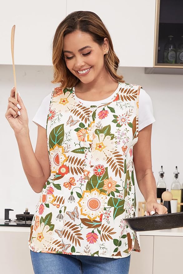 Nanxson Cobbler Apron for Women with 2 Patch Pockets Cotton Printed Vintage Apron with Buttons for Work Chef Kitchen Home