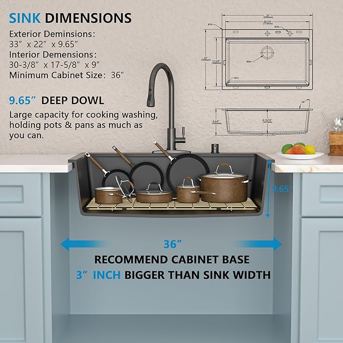 33"x22" Granite Composite Kitchen Sink – Matte Black Ledge Workstation Drop In Top Mount Granite Quartz Classic Luxury Above Counter Single Bowl Sink Basin