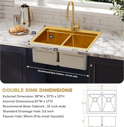 MILOSEN 28 Inch Gold Double Bowl Kitchen Sink, Gold Drop in 16 Gauge T304 Stainless Steel Sinks, Workstation Sink 50/50 Topmount Double Basin with Accessories, 10'' Deep Laundry Outdoor Sinks