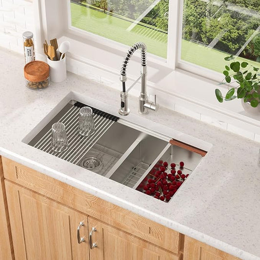 Lordear 32 Kitchen Sink - Double Bowl Stainless Steel Undermount Sink 16 Gauge Stainless Steel Workstation 50/50 Double Basin Low Divide Under Counter Handmade Sinks