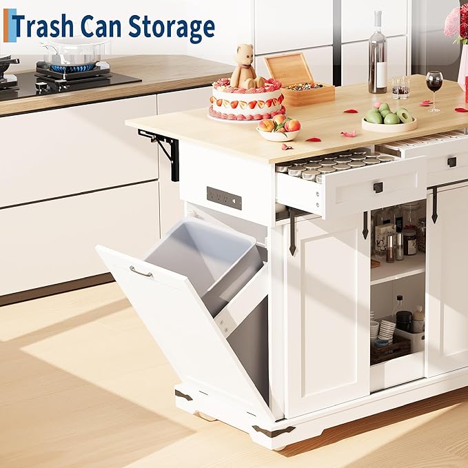 Large Rolling Kitchen Island with Power Outlet, Mobile Kitchen Cart on Wheels with Drop Leaf, 3 Drawers, Trash Can Storage, Spice Rack, Towel Holder, Kitchen Island Table for Dining Room, Home, White