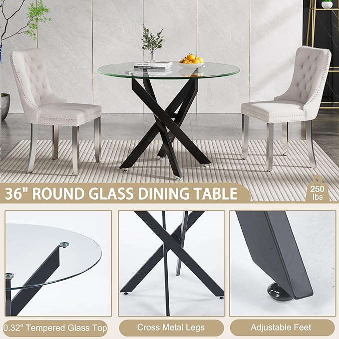 Round Dining Table, 36 Inch Glass Kitchen Table for 4 People, Tempered Glass Dinner Room Table with Silver X Metal Legs, Modern Circle Small Coffee Table for Home Dining Room Kitchen Restaurant