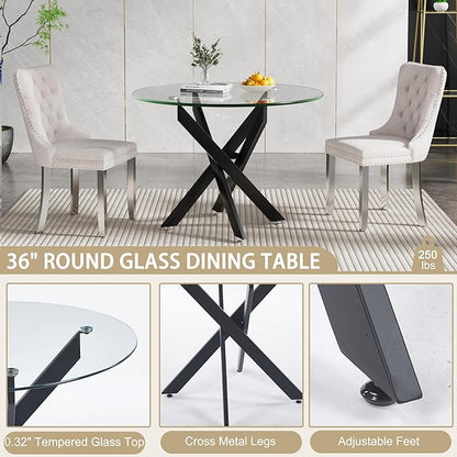 Round Dining Table, 36 Inch Glass Kitchen Table for 4 People, Tempered Glass Dinner Room Table with Silver X Metal Legs, Modern Circle Small Coffee Table for Home Dining Room Kitchen Restaurant