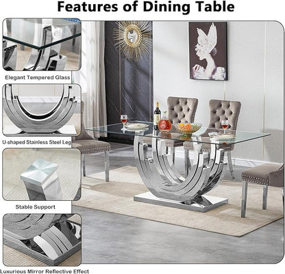 70" Glass Dining Table for 6-8, Modern Dining Room Table with 0.39" Tempered Glass Top and Three U-Shaped Silver Stainless Steel Base, Rectangle Kitchen Dinner Table for Dining Room