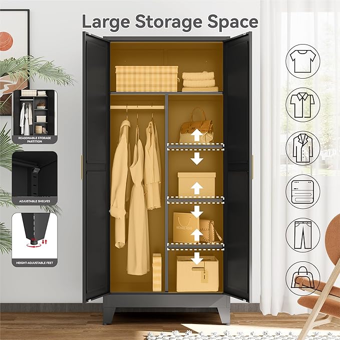 Metal Combination Cabinet, Utility Storage Cabinet with 4 Shelves, Farmhouse Pantry Closet with Doors, 71" Tall Storage Cabinets with Hanging Rod and Clothing Shelf for Hallway Laundry Mudroom