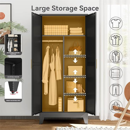Metal Combination Cabinet, Utility Storage Cabinet with 4 Shelves, Farmhouse Pantry Closet with Doors, 71" Tall Storage Cabinets with Hanging Rod and Clothing Shelf for Hallway Laundry Mudroom