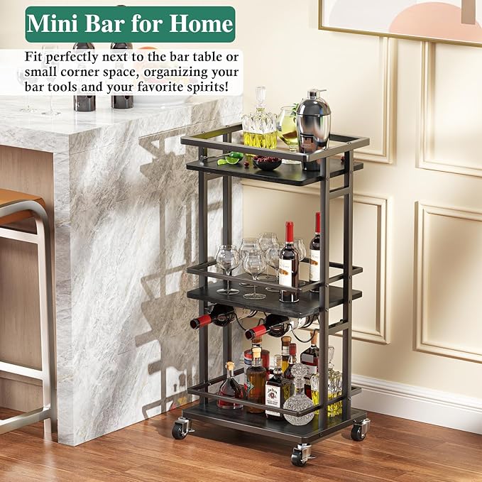 OKZEST 3-Tier Liquor Cabinet with Wine Rack, Mini Bar Cart for Home, Small Liquor Bar Cabinet for Alcohol, Rolling Kitchen Serving Cart on Wheels, Wine Drink Cart for Party, Bar Stand for Small Space