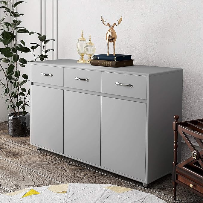 RASOO Buffet Kitchen Cabinet Storage Sideboard Cabinet Cupboard Sideboard Buffet Kitchen Room (Grey-3 Doors and 3 Drawers)