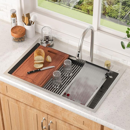 Lordear 33x22 Inch Waterfall Kitchen Sink Drop In T304 16 Gauge 33x22 Workstation Stainless Steel Single Bowl With Pull Out Faucet Set, Integranted Control Temp & Functions,33x22x10 Inch