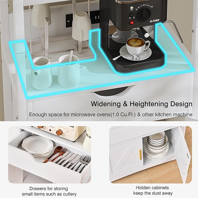 VECELO 2-Tier Microwave Stand with Power Outlet & USB Ports, 15.5" Deep Kitchen Pantry Cabinet, Fits 1.0 Cu.Ft Microwave, Modern Farmhouse Coffee Bar Storage with Drawer & Barn Door for Kitchen, White