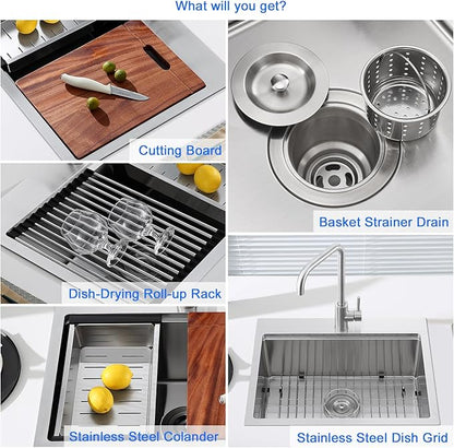 MENATT 23 Inch Kitchen Sink Drop In, 18 Gauge Stainless Steel Topmount Single Faucet Hole Single Bowl Ledge Workstation Kitchen Sink (Brushed)