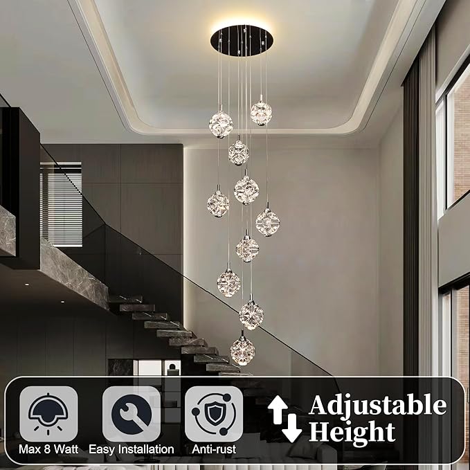 10-Light High Ceilings Long Chandeliers Modern Crystal Staircase Chandelier Hanging Flush Mount Lighting Fixtures for Spiral Staircase,Foyer,Entryway