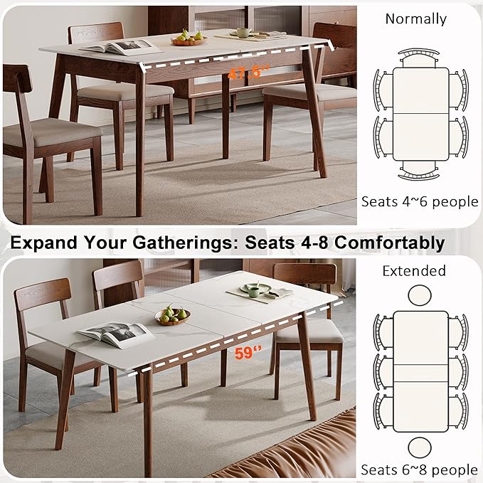 Solid Oak Extendable Dining Table with Stone Slab Tabletop for 4-6 People, Seamless Expansion, Diagonal Legs, Farmhouse Kitchen Table for Small Spaces (Walnut-Slate)