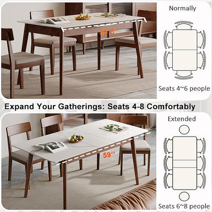 Solid Oak Extendable Dining Table with Stone Slab Tabletop for 4-6 People, Seamless Expansion, Diagonal Legs, Farmhouse Kitchen Table for Small Spaces (Walnut-Slate)