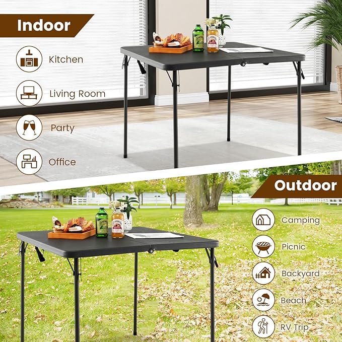 Tangkula 34" Folding Table, Portable Picnic Table with All-Weather HDPE Tabletop, Heavy-Duty Metal Frame, Carry Handle, Fold-in-Half Plastic Outdoor Table for Camping, Dining, BBQ, No Assembly Needed