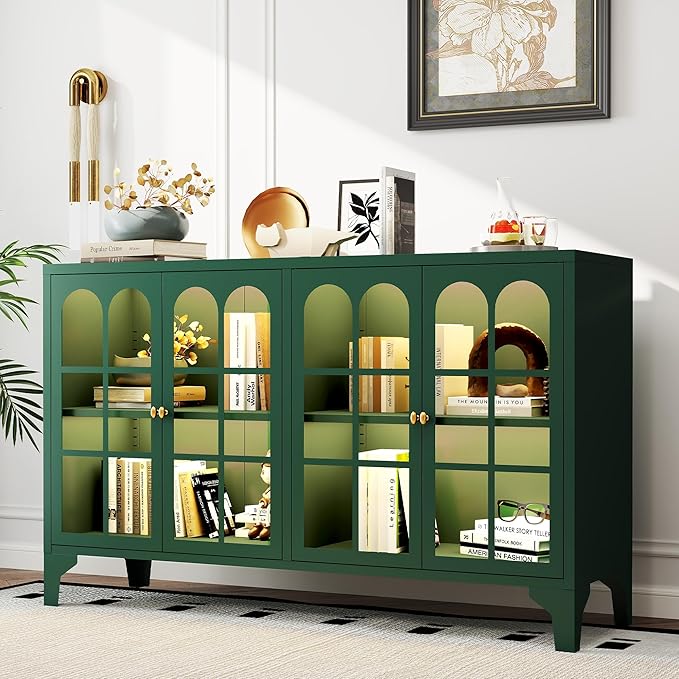 Foreate Sideboard Buffet Cabinet with Glass Door & LED Light, 53.2" Large Buffet Cabinet with Storage & Adjustable Shelf, Farmhouse Sideboard Credenzas Metal Kitchen Buffet, Green