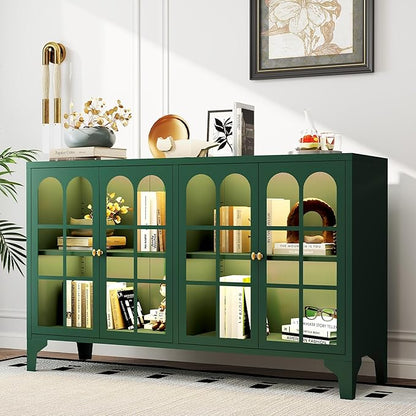 Foreate Sideboard Buffet Cabinet with Glass Door & LED Light, 53.2" Large Buffet Cabinet with Storage & Adjustable Shelf, Farmhouse Sideboard Credenzas Metal Kitchen Buffet, Green