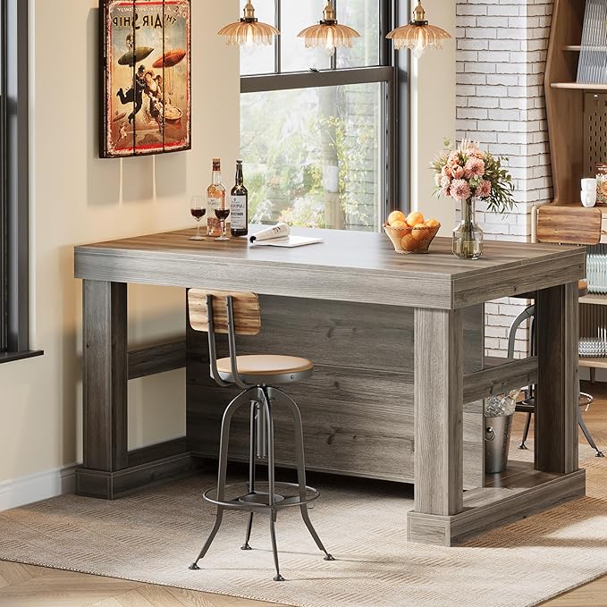 Tribesigns 55" Kitchen Island with Seating and Storage, 3-Tier Farmhouse Wood Stationary Island Table with Large Worktop & Leg Room, Coffee Bar Table with Storage Shelves for Kitchen, Grey