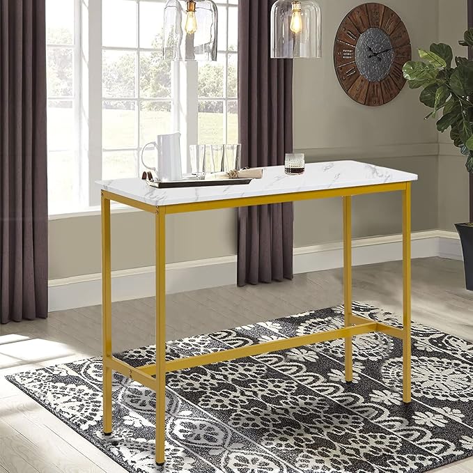 44.5" Bar Table, Pub Table with Adjustable Feet Floor Protector, Narrow Rectangular Kitchen Counter Bar Tables, Sofa High Top Bar Tables with Gold Metal Legs, White