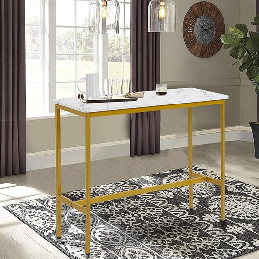 44.5" Bar Table, Pub Table with Adjustable Feet Floor Protector, Narrow Rectangular Kitchen Counter Bar Tables, Sofa High Top Bar Tables with Gold Metal Legs, White