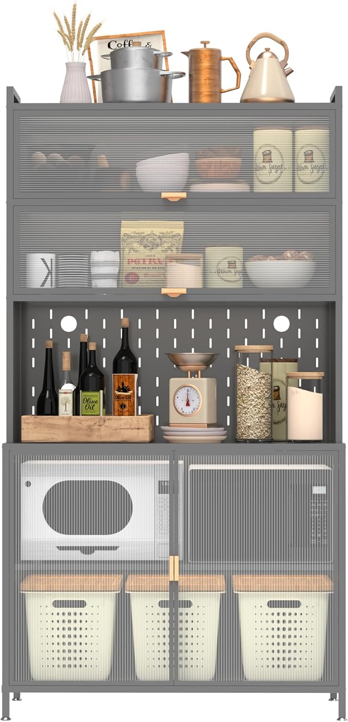 73" Pantry Cabinet,Metal Pantry Storage Cabinet，White Kitchen Hutch with Microwave Shelf & 6 Acrylic Panels Door Adjustable Shelves,Anti-Tip Design Hutch for Dining Room, Living Room