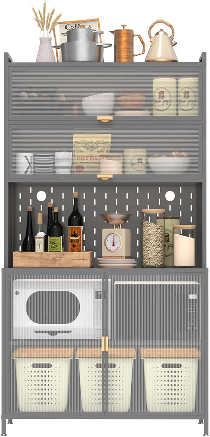 73" Pantry Cabinet,Metal Pantry Storage Cabinet，White Kitchen Hutch with Microwave Shelf & 6 Acrylic Panels Door Adjustable Shelves,Anti-Tip Design Hutch for Dining Room, Living Room