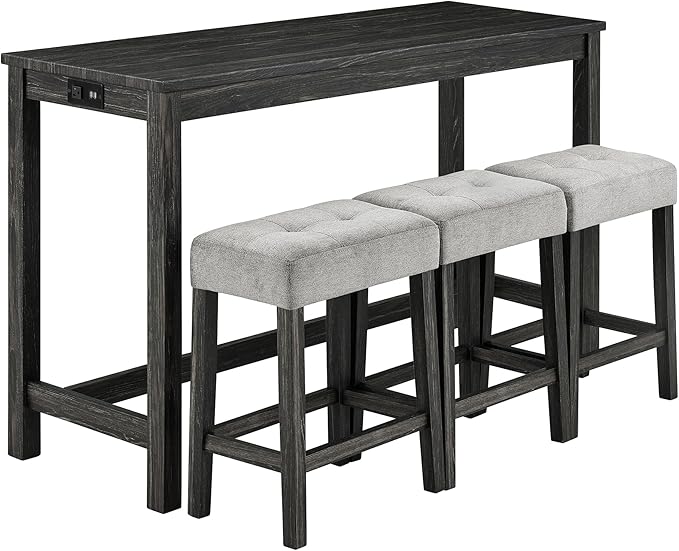 Ball & Cast 4 Piece Industrial Wooden Kitchen Island Table Chairs Sets w/Charging Station, 3pcs Upholstered Backless Counter Stools & 59" Bar-Table Built-in Electrical Outlets and 2 USB Ports,Black