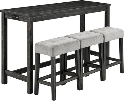 Ball & Cast 4 Piece Industrial Wooden Kitchen Island Table Chairs Sets w/Charging Station, 3pcs Upholstered Backless Counter Stools & 59" Bar-Table Built-in Electrical Outlets and 2 USB Ports,Black