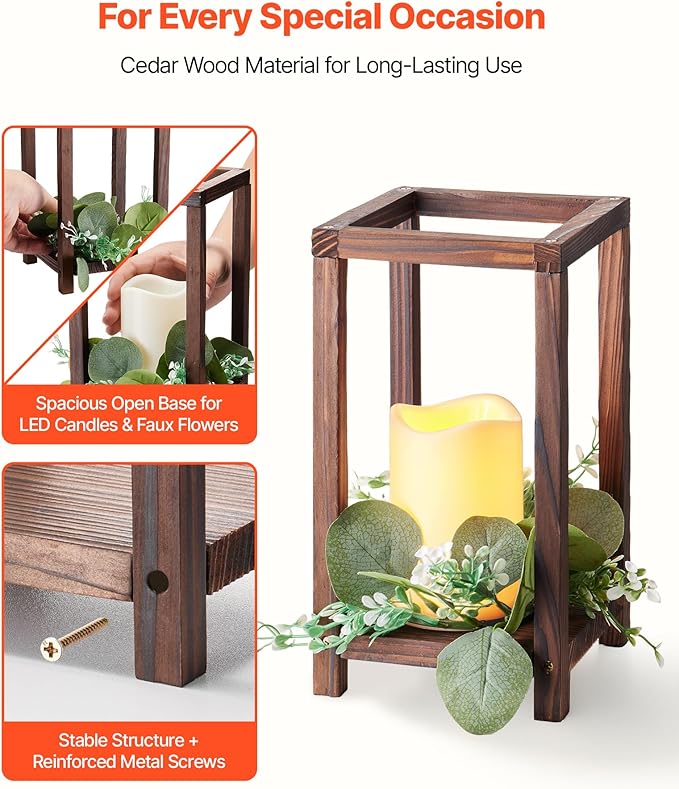 VEVOR 12 Set/36 Pcs Wooden Wedding Lantern Centerpiece, Includes 12 Wooden Lantern Candle Holder 12 Flameless LED Candle 12 Eucalyptus Leaves Wreath for Wedding Table Party Farmhouse Decor, Brown