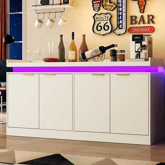 knoworld LED Sideboard Buffet Cabinet with Storage, 63'' Large Kitchen Buffet Cabinet Storage Cabinets with 4 Doors, Wood Coffee Bar Cabinets Buffet Table for Kitchen, Dining Room, Entryway