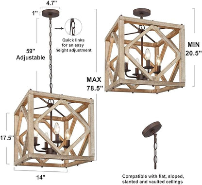 Farmhouse Chandelier, 4-Light Rustic Cage Dining Room Chandelier Over Table, Wood Square Chandeliers Hanging Light Fixture for Bedrooms, Kitchen Island, Entryway, Foyer