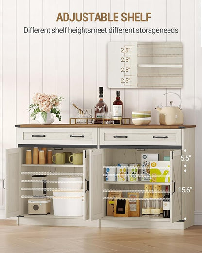 Hzuaneri Kitchen Storage Cabinet, Buffet Cabinet with Storage, Modern Farmhouse Sideboard Cabinets with Drawer, 55.1" Coffee Bar Cabinets with Doors & Adjustable Shelves, for Kitchen, White Brown