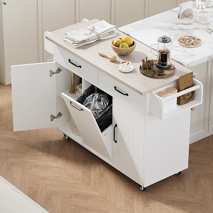 RUNNA Kitchen Island with Trash Can Storage Cabinet, Kitchen Cart with Drop Leaf, Spice Rack, Towel Rack and Drawer, Rolling Kitchen Island on Wheels with Adjustable Shelf (White Oak~81)