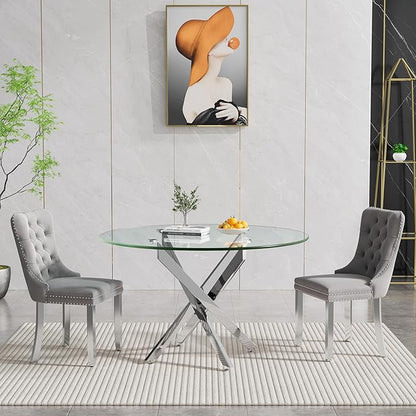Henf 47.24" Glass Round Dining Table for 4-6 People, Silver Metal Legs,Round Glass Dining Room Table for Small Space, Easy Assembly Circular Side Desk