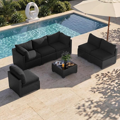 Patio Furniture Set, 7-Piece Outdoor Sectional Couch with Coffee Table & Thick Cushions, Outdoor Wicker Conversation Set for Backyard, Poolside, Garden (Black-Black, 7 Piece-Single)