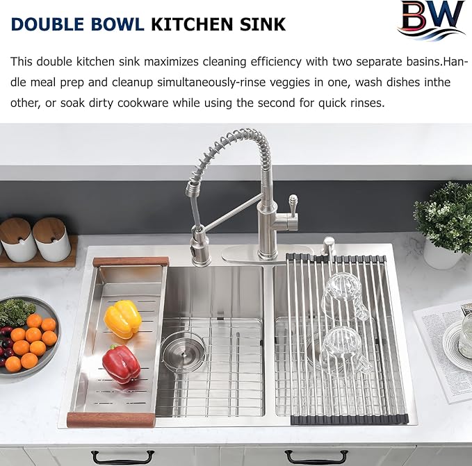 33x22 Inch Double Bowl Kitchen Sink Drop In - 16 Gauge Stainless Steel Top Mount Drop In Sink, 60/40 Split, Durable for Home Kitchen