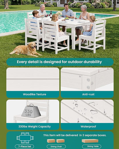 SERWALL Patio Dining Sets for 6 Person, HDPE Dining Set with 6 Armless Chairs, White