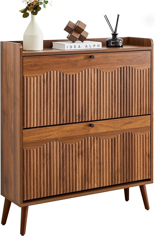 BERRYMERRY 31.5” Fluted Shoe Storage Cabinet with 2 Flip Drawers,Narrow Shoe Storage Organizer Rack with Wave Door for Entryway,Hallway,Living Room