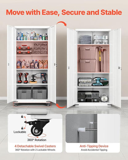 VEVOR Metal Storage Cabinet, 72.6 in Rolling Steel Garage Cabinet with 4 Adjustable Shelves, 2 Magnetic Doors & 2 Keys, 5 Tiers Lockable Tool Storage for Pantry, Warehouse, Basement, Office, White