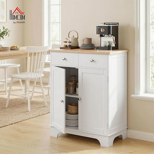 HOMCOM Sideboard Buffet Cabinet with Solid Wood Countertop, Modern Kitchen Storage Cabinet, Coffee Bar Cabinet with 2 Drawers, Doors and Adjustable Shelf, White