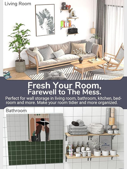 Deep Floating Shelves 10" D x 16.5" W Set of 4, Rustic Wood Wall Bookshelves for Living Room, Kitchen, Laundry Room, Bathroom, Bedroom, Books, Plants, and More (Natural Burned Finish)
