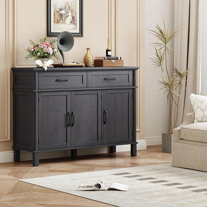 ONBRILL 48 Inches Buffet Cabinet with Storage, Farmhouse Sideboard Buffet w/2 Drawers and 3 Doors, Wood Coffee Bar Cabinet with Adjustable Shelves, Sideboard Storage for Kitchen, Living Room, Black