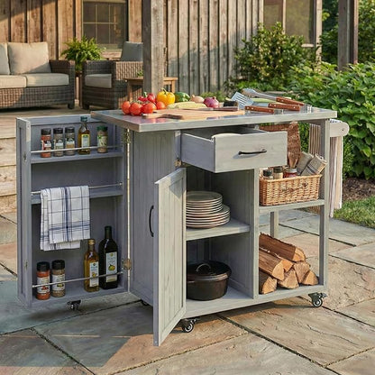JIJIWANG 35.6" Outdoor Kitchen Island with Stainless Steel Top and Towel and Spice Racks, Rolling Kitchen Island with Storage for Small Spaces Patio Grey