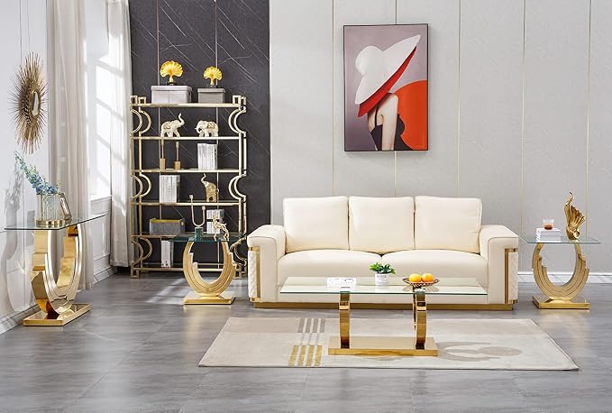 HomVent Glass Coffee Table Set of 2, 1 Console Table Living Room Set, 2 Piece Modern Gold Tempered Glass Top Side Tables Bedroom Set of 2 Rectangle Dinner Bedside Eating Sets for Living Room Bedroom
