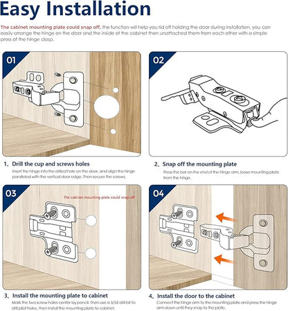 Ravinte 4 Pack 2 Pairs European Kitchen Cabinet Hinges Soft Close Full Overlay Cabinet Door Hinges Heavy-Duty Frameless Adjustable Concealed Cabinet Cup Hinge
