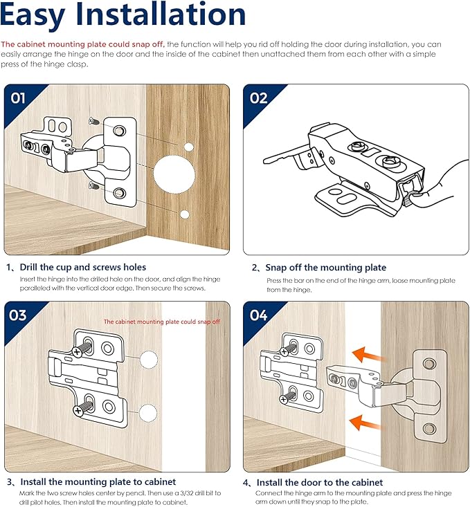 Ravinte 20 Pack 10 Pairs European Kitchen Cabinet Hinges Soft Close Insert Door Heavy-Duty Frameless Adjustable Concealed Cabinet Cup Hinges