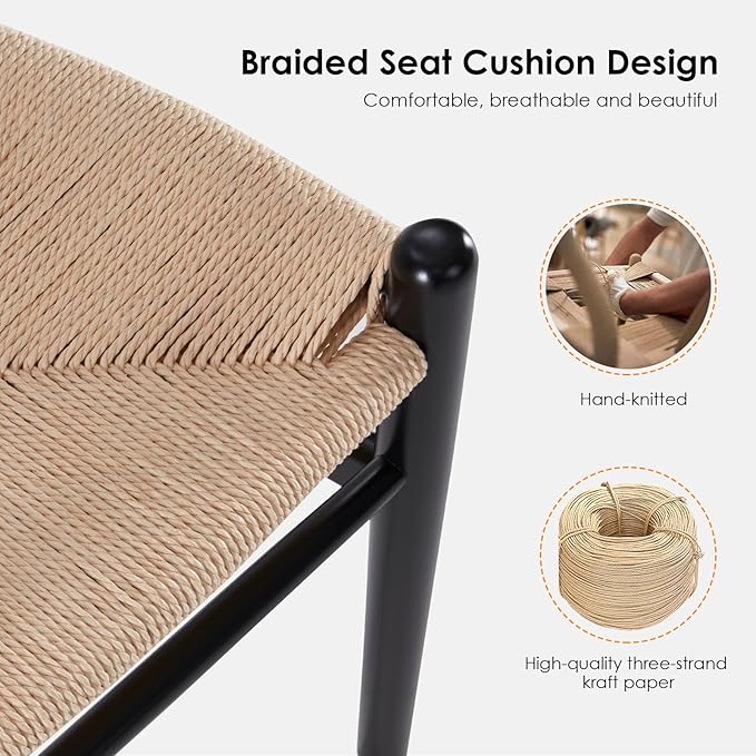 Modern Dining Chairs with Natural Weave Seat - Sturdy Construction Bar Stools for Kitchen Island, Versatile Use in Dining Room and Bedroom, Stylish Simple Design Comfortable Fully Assembled,Beige-Pape